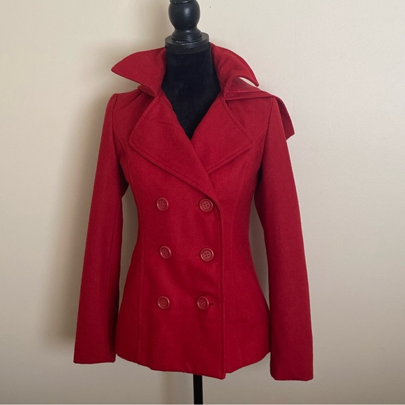 Women’s Coat Jacket Red Double Breasted with hood, like new condition 23” S/P - Picture 2 of 8